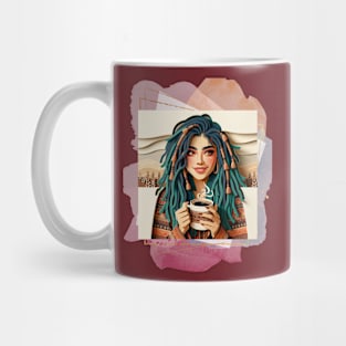 Coffee First (blue dreads girl holds steaming cup) Mug